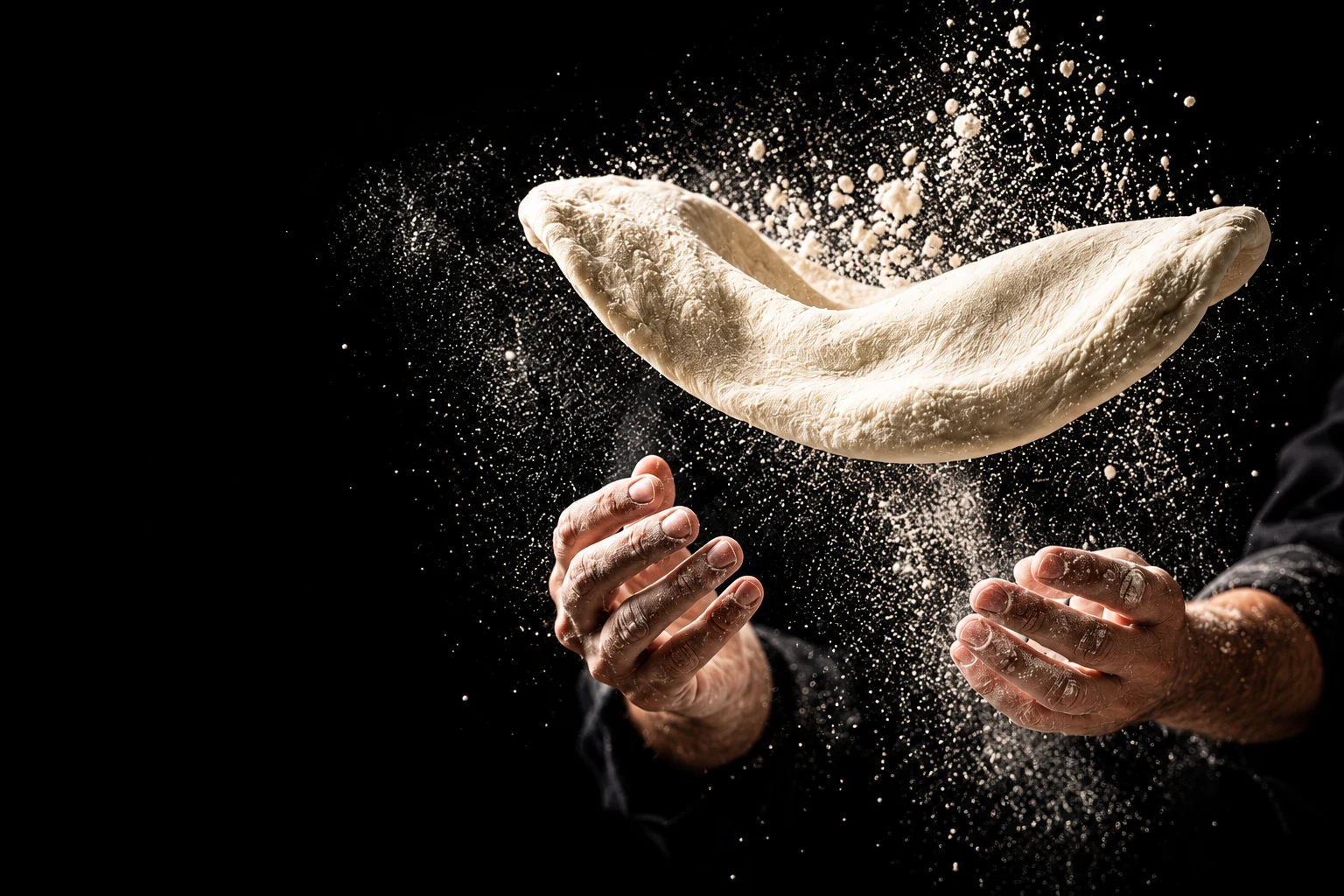 Flour-dusted hands tossing pizza dough into the air