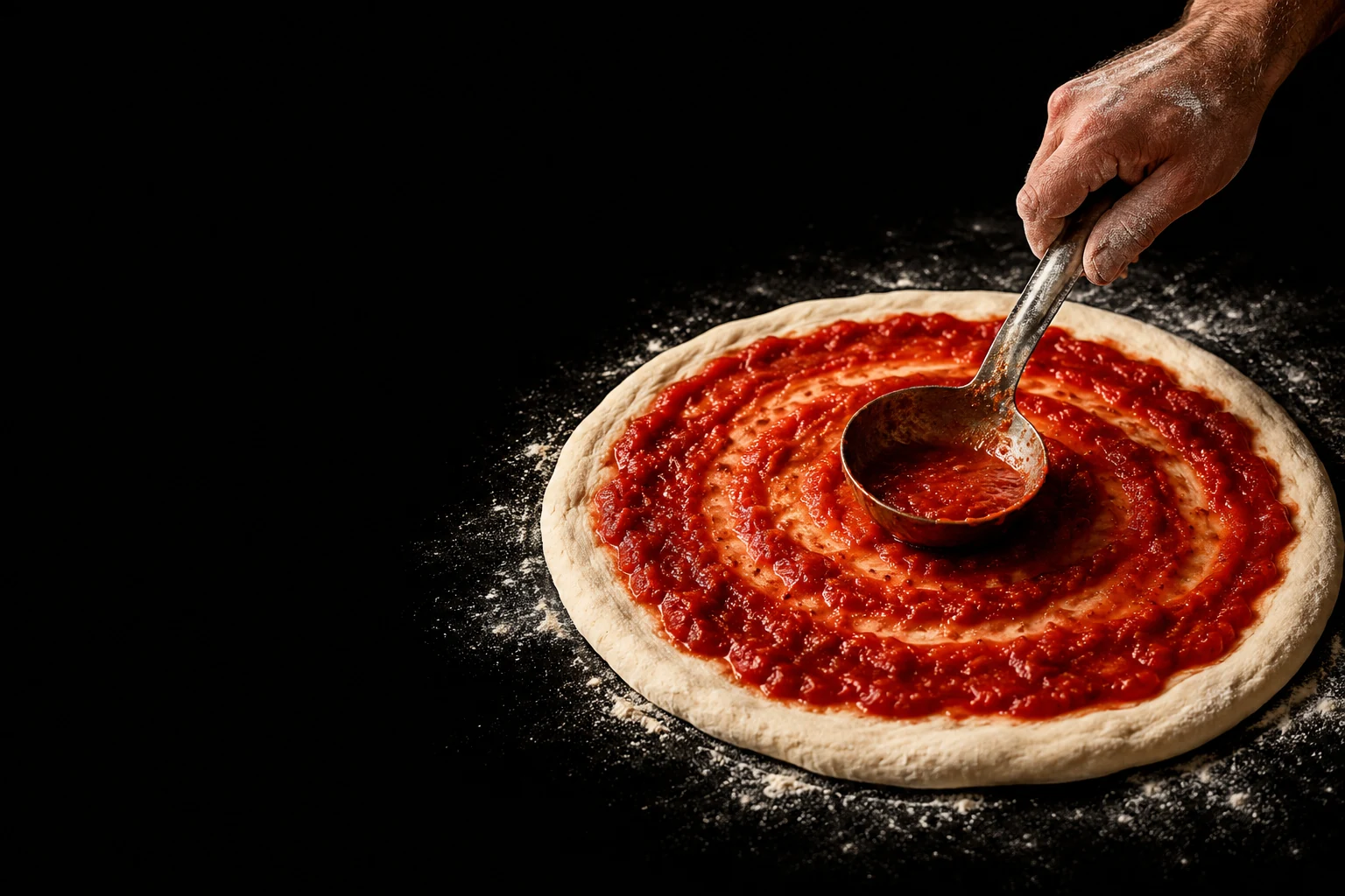 A chef spreading tomato sauce over pizza dough